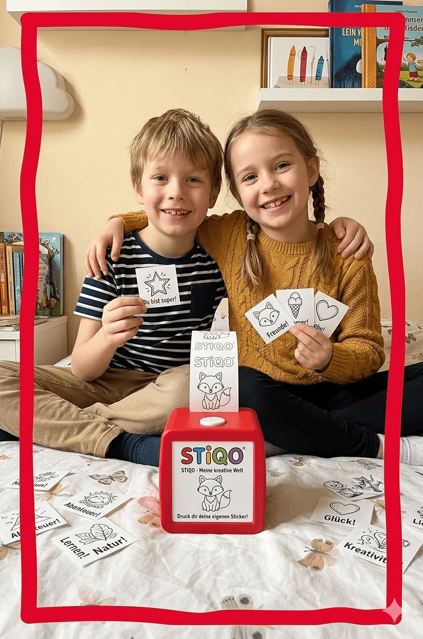 Zwei glückliche Kinder mit ihren selbst gedruckten STIQO Stickern