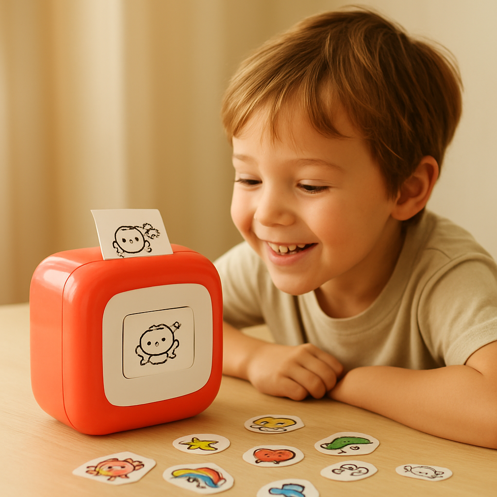 Kind benutzt freudig die STIQO Druckerbox am Tisch