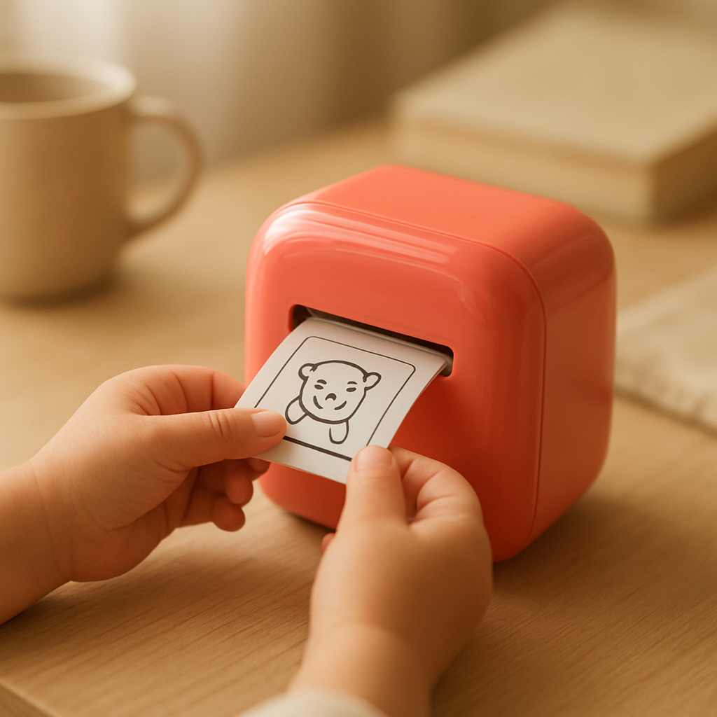 Kinderhände ziehen einen frisch gedruckten Sticker aus der STIQO Box