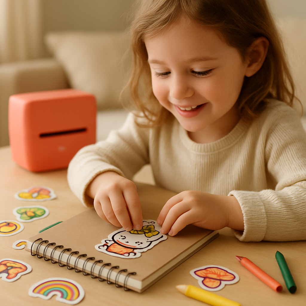 Kind klebt einen selbst gestalteten Sticker auf ein Notizbuch